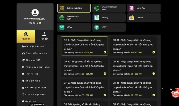 Giao diện nạp tiền King88