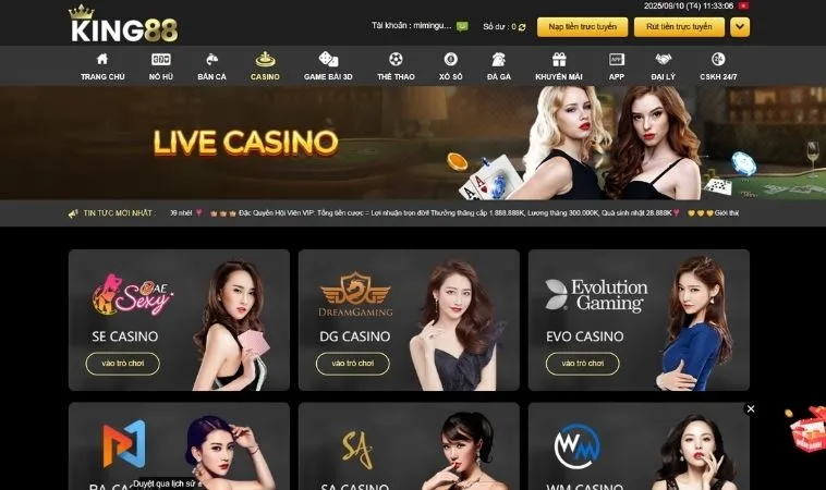 Nhà cái King88 hợp tác với nhiều nhà cung cấp live casino hàng đầu